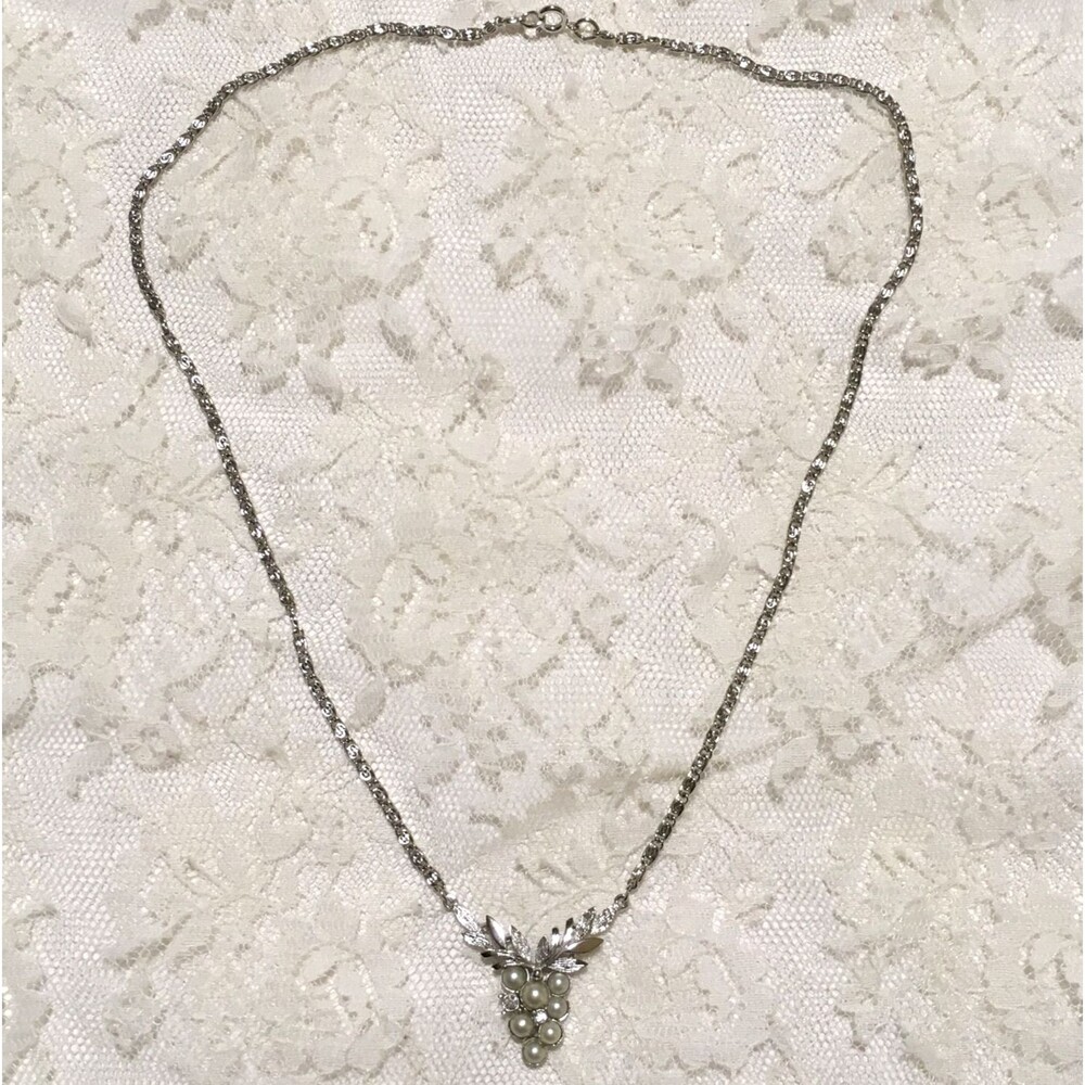 Vintage Grape Cluster Necklace Faux Pearl Rhinestones Silver Tone signed Avon